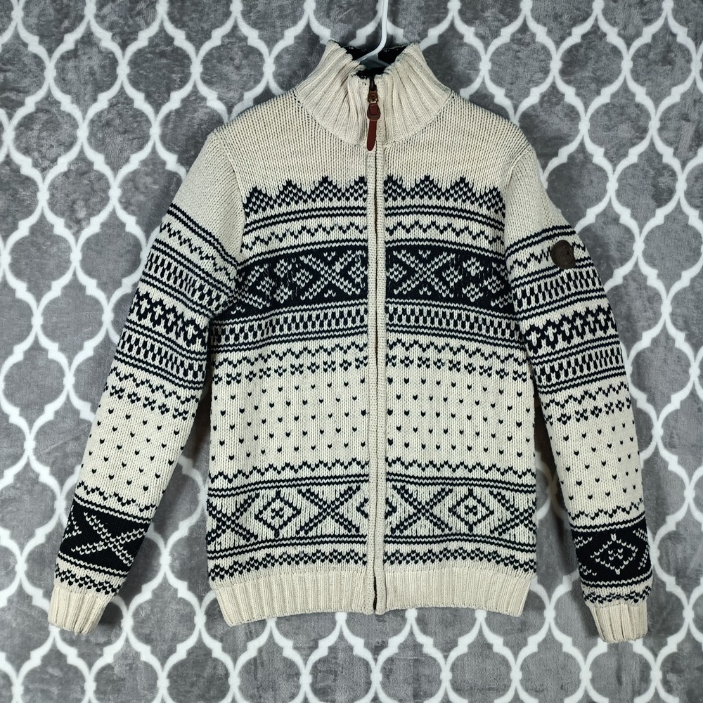 Lindbergh Sweater Mens Small Cream Navy Full Zip Wool Blend Sherpa Lined Winter